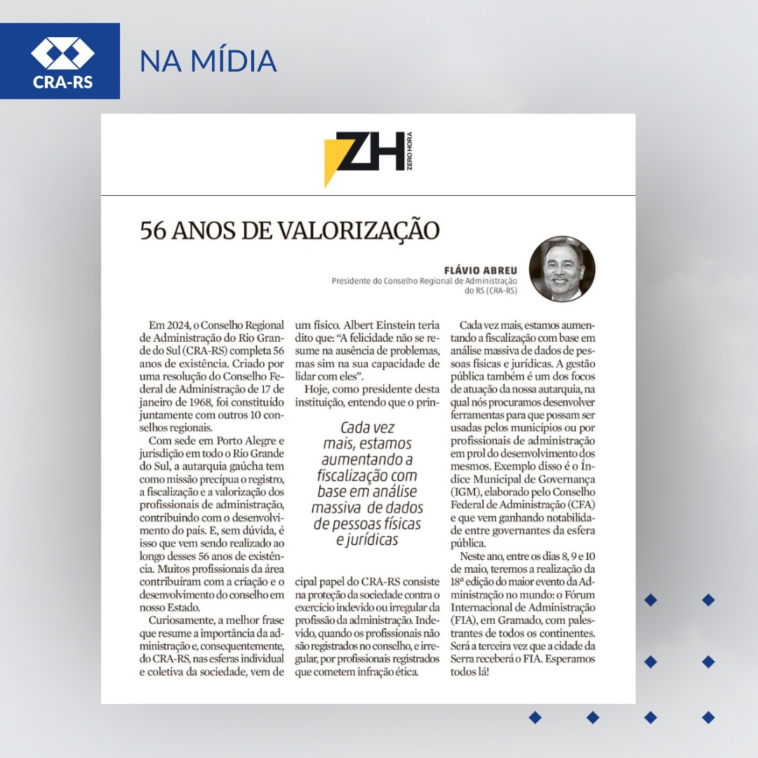 56 anos do CRA-RS: presidente Adm. Flávio Abreu assina artigo publicado em Zero Hora